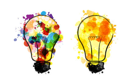 Creative rainbow and yellow light bulbs with paint splash decorative elements. Conceptual vector illustration in artistic style.のイラスト素材
