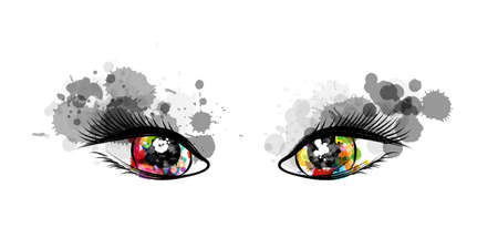 Beautiful colorful eyes with gray paint splash decorative elements. Conceptual vector illustration...