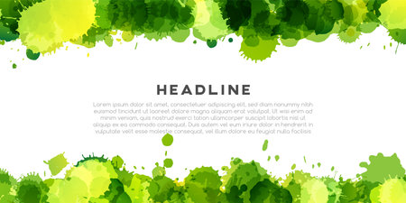 Green abstract horizontal poster. Colorful artistic banner with paint splash texture.のイラスト素材