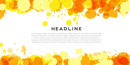 Yellow abstract horizontal poster. Colorful artistic banner with paint splash texture.のイラスト素材