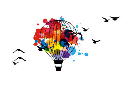 Rainbow air balloon with birds. Colorful abstract conceptual vector composition with splash paint decoration. Design element for travel, adventure, holiday or festival.のイラスト素材