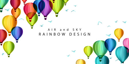 Rainbow air balloons composition. Colorful abstract vector background. Decoration element for travel, adventure, holiday or festival conceptual design.のイラスト素材