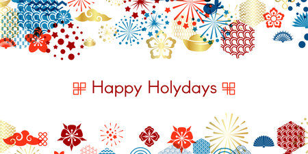 Holiday chinese and asian background with horizontal border from celebration design elements, holiday wishes and chinese characters: blessingのイラスト素材