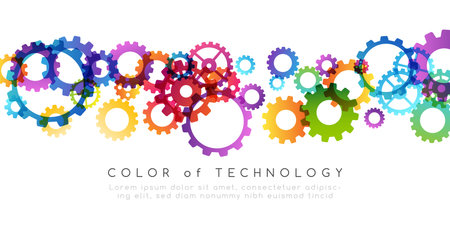 Technology abstract background from rainbow gearwheels composition. Horizontal border for teamwork, industrial, communication or automation conceptual design.のイラスト素材