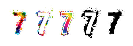 7 numbers with rainbow and black paint splash decorative elements. Colorful 7 number emblems collection. Vector illustration in artistic style.のイラスト素材