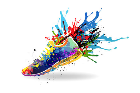 Sport shoes with colorful paint splashes. Concept of marathon or jogging or run festivalのイラスト素材