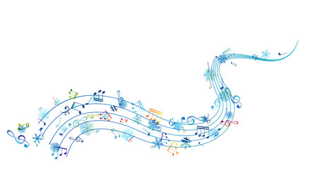 Snow melody. Winter decoration element from flying music notes and ornamental snowflakes. Christmas or new year song concept. Ornamental decor swirl lineのイラスト素材