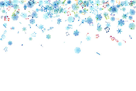 Snow melody. Winter textured border decoration element from flying music notes and ornamental snowflakes. Christmas or new year song concept.のイラスト素材