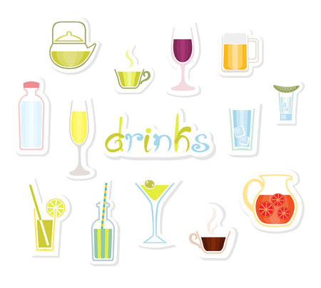 Drinks Icons. Various drinks icons. Collection of labels with different beverage foods. Cute hand drawn text. Set of isolated design elements. White background.のイラスト素材