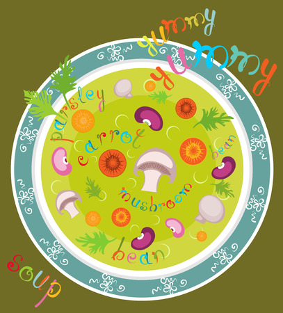 Yummy soup.  Illustration with plate of gourmet soup and colored text.のイラスト素材