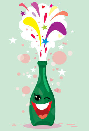 cartoon fun bottle of champagne with fireworks vector illustrationのイラスト素材