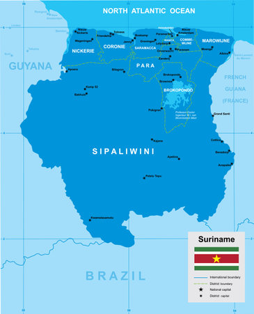 vector map of Suriname with borders of regions and flag in blue tones with oceanのイラスト素材