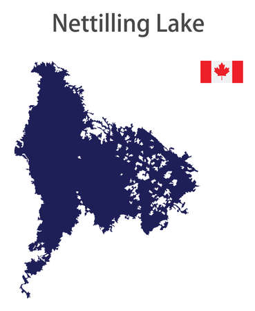 silhouette of a large world lake, the Nettilling, with the flags of the countries in which it is located vector illustrationのイラスト素材