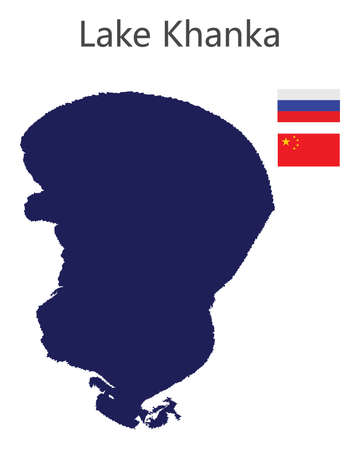 silhouette of a large world lake, the Khanka, with the flags of the countries in which it is located vector illustrationのイラスト素材