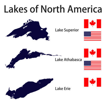 set of silhouettes of the largest lakes of North America Erie Athabasca Superior with flags of the countries in which they are located vector illustrationのイラスト素材