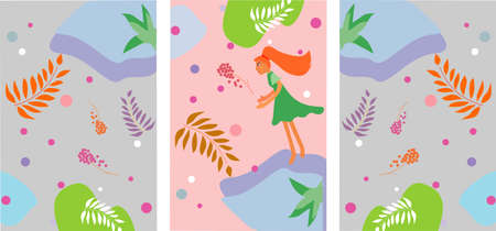 A set of vector backgrounds with botanical motifs with palm tropical leaves and abstract shapes. Suitable for wallpapers, backgrounds. Vector illustrationのイラスト素材