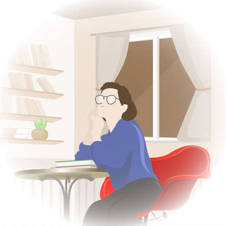 woman sitting at a table in a cafe and books on shelving window red restaurant chairのイラスト素材