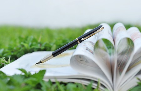 Open book on green grassのeditorial素材