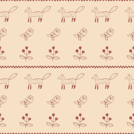 Children's ethnic folk seamless pattern with foxes and owlsのイラスト素材