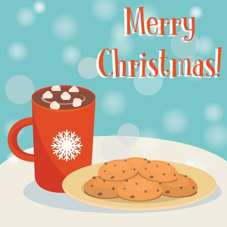 Christmas card. Plate of cookies and red mug of hot chokolate. Vector illustration flat designのイラスト素材