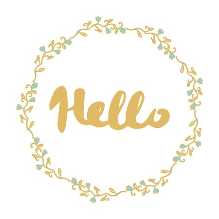 Vector floral gold blue Wreath with word helloのイラスト素材
