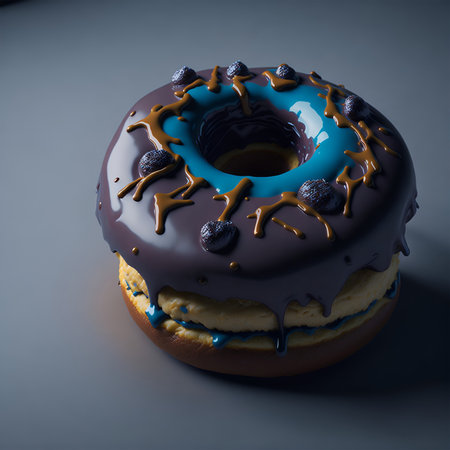 Donut with chocolate icing and sprinkles on a dark background.の素材