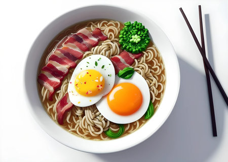 Bowl of udon noodle soup with egg and bacon on white backgroundの素材