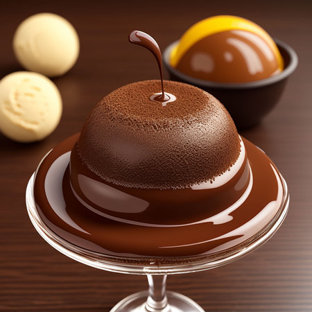 Chocolate pudding in a glass bowl on a brown wooden background.の素材