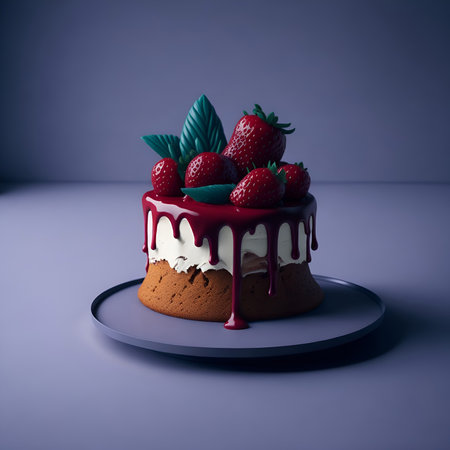 Chocolate cake with strawberries and cream on a blue background.の素材