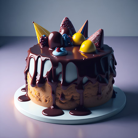 Birthday cake with chocolate glaze and berries, 3d renderの素材