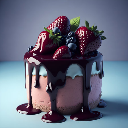 Strawberry and blueberry cake with chocolate sauce on blue backgroundの素材