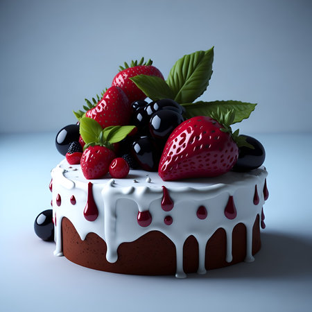 Chocolate cake with fresh berries on a blue background. 3d renderingの素材