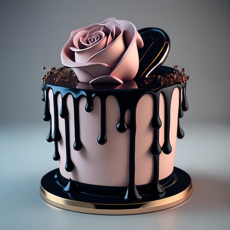 Chocolate cake with a rose on a gray background. 3d renderingの素材