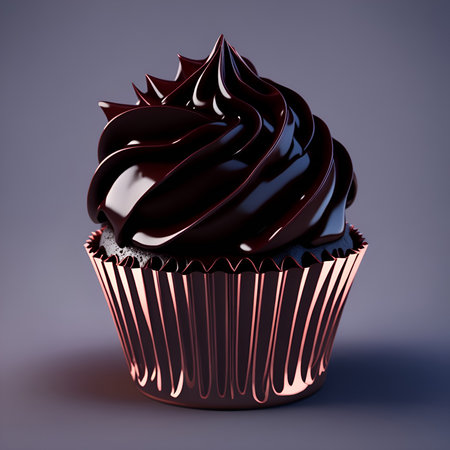 Chocolate cupcake on a dark background. 3d rendering style. AI generated.の素材