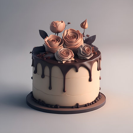 Chocolate cake with roses, 3d render, toned imageの素材