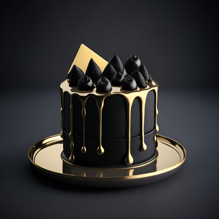 3d illustration of black and golden birthday cake on a black backgroundの素材