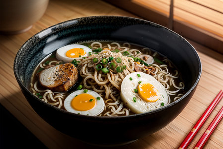Japanese ramen noodle soup with egg in black bowl.AI generatedの素材