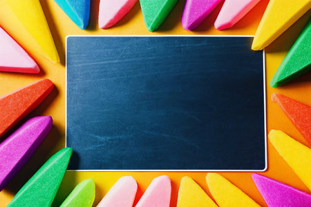 Colorful plastic and blackboard with copy space on yellow background. AI generatedの素材