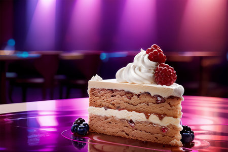 Piece of cake with cream and berries on a table in a restaurant. AI generatedの素材