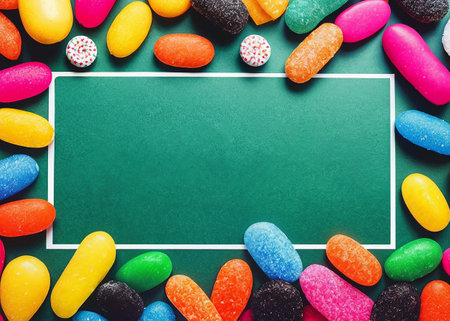 Colorful candies on green background. Top view with copy space. AI generatedの素材