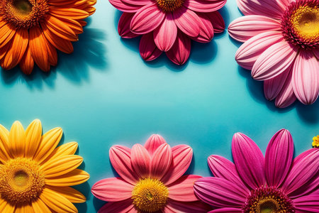 Pink and yellow daisies on blue background with copy space.の素材