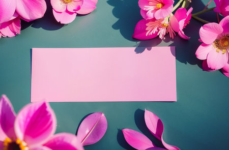 Pink crocus flowers on blue background with copy space. flat lay. AI generatedの素材