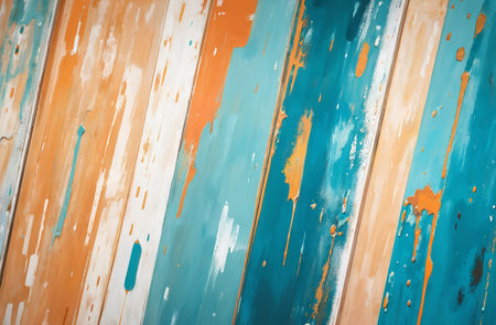 Orange and blue paint splashing on the wooden wall background texture. AI generatedの素材