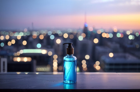 Blue glass cosmetic botle on table. Blurry city on background.