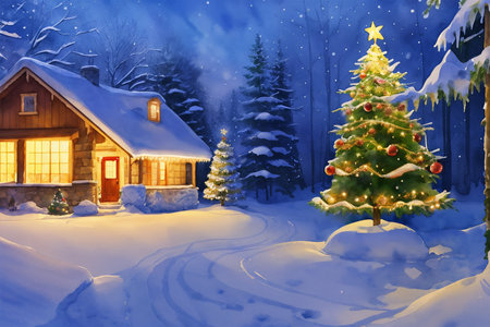 Beautiful wooden house in snow fairy forest, christmas tree and lights. watercolor illustration. Space for your textの素材