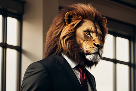 Businessman in suit and tie with lion head on the city background. AI generatedの素材