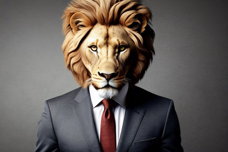 Lion in suit and tie on gray background. business concept.の素材
