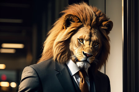 Portrait of a lion in a business suit. business concept. AI generatedの素材