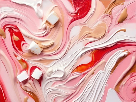 Abstract background of pink, white and beige liquid with marshmallowの素材