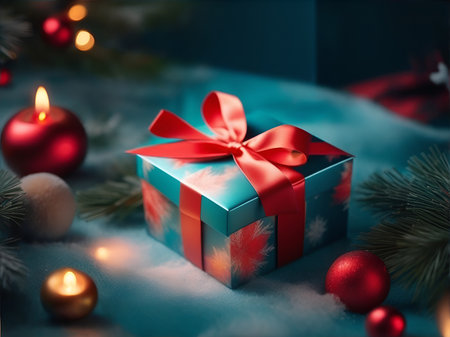 Christmas gift box with red ribbon and christmas decorations on blue backgroundの素材